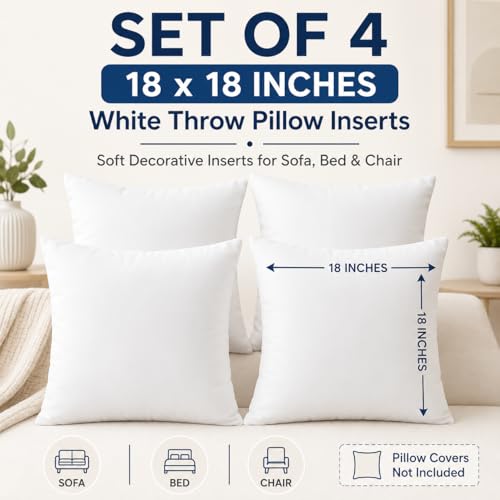 Calibrate Timing 18 x 18 inches Pillow Inserts, Set of 4 Hypoallergenic Brushed Microfiber Liner Down Alternative Filled Square Cushion Throw Pillow