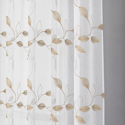 Tollpiz Taupe Leaf Sheer Tier Curtains Kitchen 30 x 24 Inches - color: Taupe, size: 30"W x 24"L (Pack of 2)