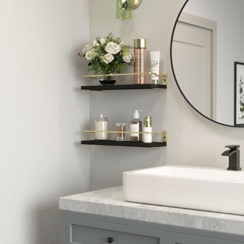 RICHER HOUSE Floating Shelves Bathroom, Small Wall Shelf Over Toilet 2 Set - color: Black & Gold