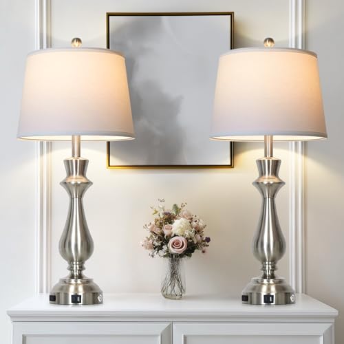 Cinkeda Silver Touch Lamps for Night Stands Set of 2-29.5" Tall Bedside Lamp with USB C+A, 3 Way Dimmable Bedroom Lamps, Brushed Nickel Table Lamps for Living Room - color: Silver