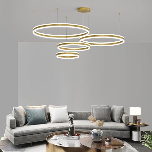 Modern LED Chandelier Light, 4 Ring Gold Pendant Lighting Fixture, Adjustable Hanging Ceiling Lamp for Dining Room, Kitchen Island, Entryway, Living Room, Dimmable Dining Light Over Table