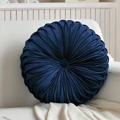 Teieas Round Throw Pillow Velvet Pleated Round Pillows Cushion Navy Blue - color: Navy Blue