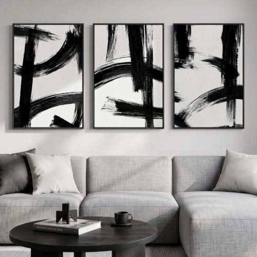 Large Framed Black and White Modern Abstract Wall Art Set, 3 Piece 24x36 In - color: Black and White A, size: 24" W x 36" H x 3Pcs