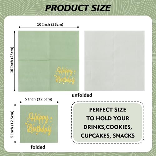 Vuzvuv 52 Pack Happy Birthday Cocktail Napkins Cursive Design - Birthday Party Dinner Hand Napkin with Gold Stampin for Party Supplies Decorations Table Decor(5" Folded 3 Ply- Sage Green) - color: Handwrite Green
