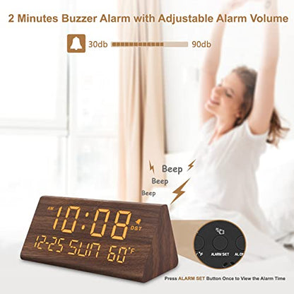 DreamSky Digital Alarm Clock for Bedrooms - Wooden Desk Clock with Date - color: Brown