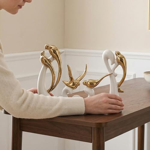 Ceramic Statues Set of 3, Birds and Base Sculpture Modern Home Decor - color: White and Gold