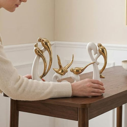 Ceramic Statues Set of 3, Birds and Base Sculpture Modern Home Decor - color: White and Gold