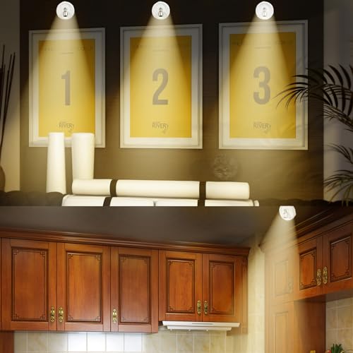 2-Pack LED Spotlight Battery Operated Picture Lights, Puck Lights with 2 Remote, Dimmable Stick Spot Lights with Timmer for Wall Display Painting Dartboard Artwork Accent Closet - color: White Silver