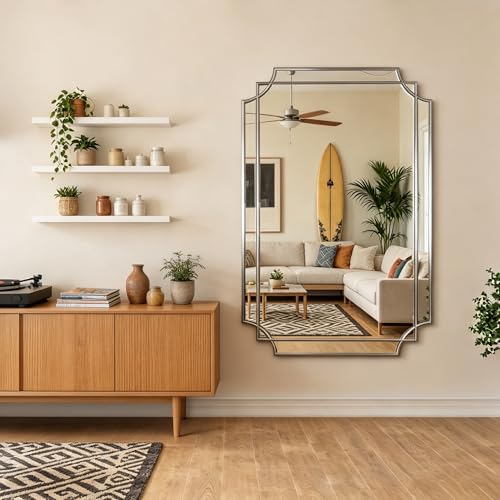 48"x31.6" Rectangle Beveled Mirror with Silver Geometric Frame - color: Silver, size: 48"L x 31.6"W