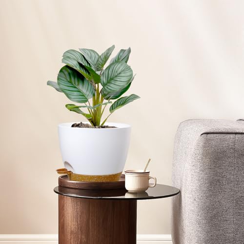 WSMKSZ 10 inch Self Watering Pots, 2 Pack Plastic Planters with Mesh Drainage Holes for Garden Plants, Plants Pots with Deep Reservoir for Indoor Outdoor Plants, White with Brown - color: White With Brown, size: 10inch 2pcs