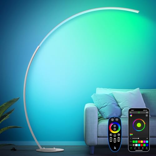 RGB Floor Lamp with 3 Color Temperatures, Ultra Bright 1800LM Smart Arc LED Floor Lamp with Remote Control, Music Sync, Scene Modes, Modern Standing Tall Lamp for Bedroom Living Room-Brushed Nickel - color: Brushed Nickel-RGB–67"–350" Ultra-Wide Coverage