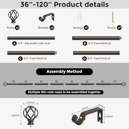 VOIIY Bronze Curtain Rod 36-120 Inch, Adjustable Curtain Rods for Windows - color: Bronze, size: 36"-120"|1 Pack
