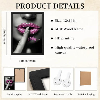 Black Framed Pink Lips Wall Art, Glam Pictures Wall Decor, 12x16 in - color: Pink-Shhy