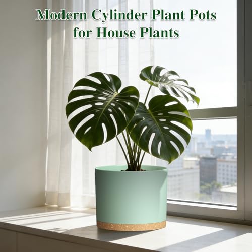 Plant Pots, 10/9/8 Inch 3 Pack Cylindrical Flower Pots with Drainage Holes and Saucers, Plastic Planters for Outdoor Indoor Plants,Green Brown - color: Green With Brown