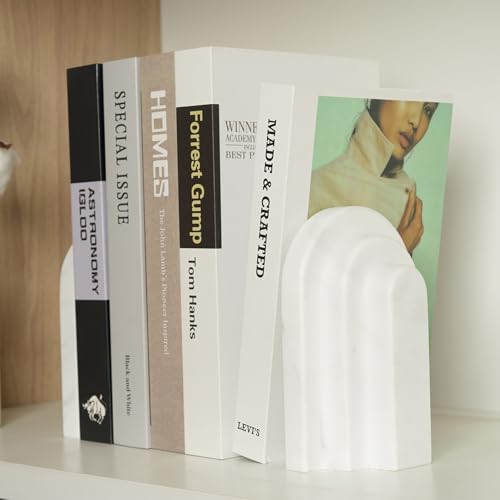 Natural Marble Book Ends - Heavy Duty Bookends for Shelves - Aesthetic Layered Arch Design Stone Book Holders, Decorative Modern Office Bookshelf Stopper Decor for Books/CDs, White - style: Arched-White