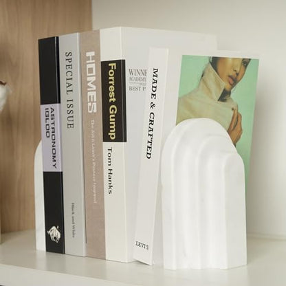 Natural Marble Book Ends - Heavy Duty Bookends for Shelves - Aesthetic Layered Arch Design Stone Book Holders, Decorative Modern Office Bookshelf Stopper Decor for Books/CDs, White - style: Arched-White