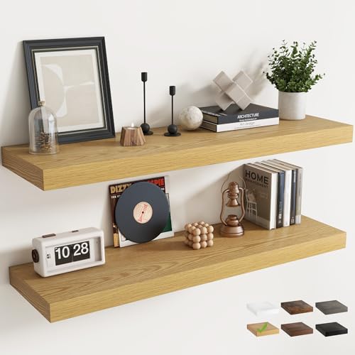 48 Inch Floating Shelves for Wall 2 Pack, 12"D Wood Grain Bathroom Shelves - color: (B.o.) Natural Oak Finish, size: 48"W x 12"D x 1.5"H, 2 Pack