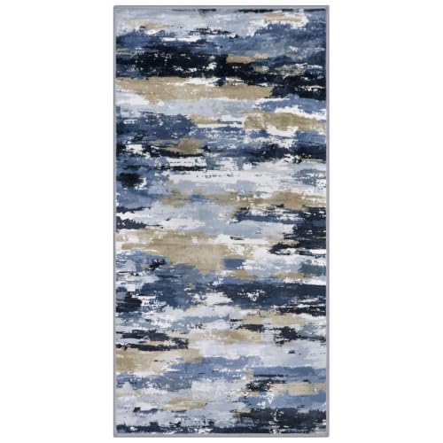 Abstract 2x4 Rug Washable Entryway Runner Non Slip Kitchen Runner | Navy Blue Multi;Thin Printed Faux Wool Entrway Runner;4ft Carpet Runners;Non Skid Runners for Bedroom,Hallway,Laundry Room - color: Navy / Blue / Taupe, size: 2' x 4' (Runner)
