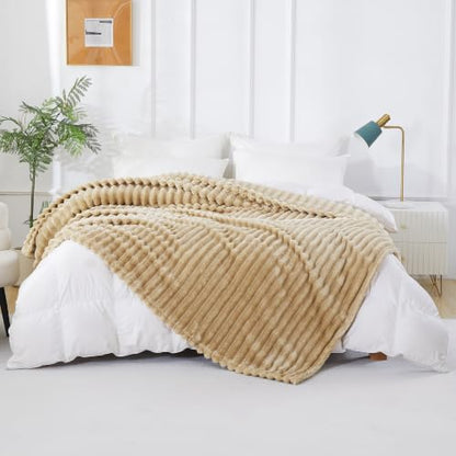 Taliska Ribbed Fleece Throw Blanket for Bed, Khaki, 90"x90" - color: Khaki, size: Throw(90"x90")