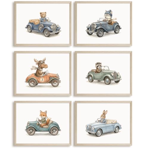 Nursery Animal Car Wall Art Decor Baby Boy Room Poster Retro Vehicle Prints - color: Car Animals Prints, size: 8x10 Inch Framed