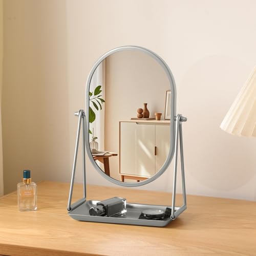 Small Vanity Makeup Mirror Desk Mirror with Storage Tray Silver - color: Oval-silver