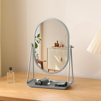 Small Vanity Makeup Mirror Desk Mirror with Storage Tray Silver - color: Oval-silver