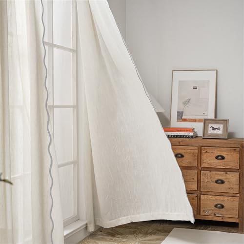 DriftAway Semi Sheer Scalloped Edge Linen Coastal Beach Window Curtains for Living Room Bedroom 2 Panels Rod Pocket Each Size 52 Inch by 84 Inch Gray - color: Linen Gray, size: 52"W x 84"L (Pack of 2)
