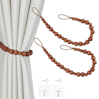 2 Pieces Curtain Tieback Wood Bead Curtain Tiebacks Curtain Holdbacks for Wall Curtain Ties Window Treatment Curtain Tie Backs with Hooks Curtain Pull Backs (Coffee,2) C-1 - color: Coffee