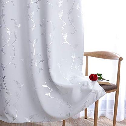 BUHUA Blackout Curtains 63 Inch Length 2 Panels Thermal Insulated Window Treatment for Bedroom Grommet Room Darkening Curtains with Wave Vine Printed (52 x 63 Inch, Greyish White) - color: Greyish White, size: 52"W x 63"L (Pack of 2)