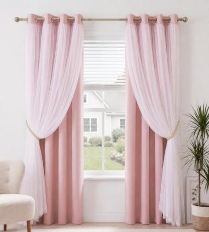 Blush Pink Blackout Curtains with White Sheer Overlay for Girls Bedroom - color: Blush Pink, size: 52"W x 84"L (Pack of 2)