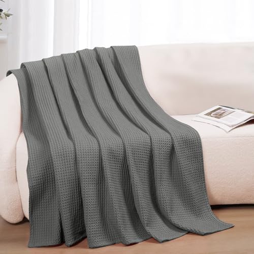100% Cotton Blankets for Bed - Waffle Weave Blankets for Summer, Lightweight and Breathable Soft Woven Blanket for Spring (Dark Grey, Throw (50" x 60")) - color: Dark Grey, size: Throw (50" x 60")