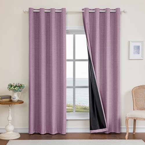Faux Linen 100% Blackout Curtains, 52" W x 108" L (2 Panels) - color: Light Purple, size: 52"W x 108"L (Pack of 2)