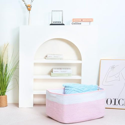 MINTWOOD Design 22in Extra Large Blanket Basket Holder Living Room, Rectangle Rope Woven Storage Basket with Handles for Laundry, Pool Towels, and Shoes, Dog Toy Organizer Bin Box, Light Pink - color: Light Pink
