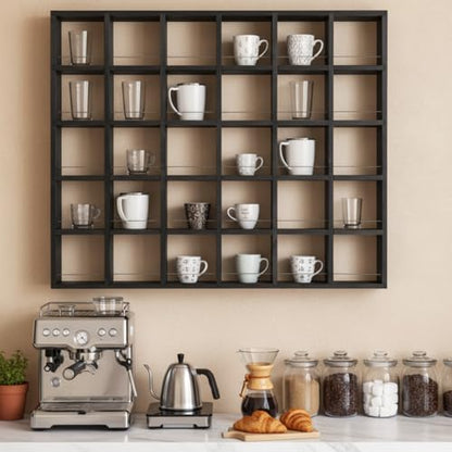 Kigley Oversize Coffee Mug Display Rack Wooden Shelves Rustic Shot Glass Display Case Travel Mug Shelf Wall Mounted Rack Holder Shadow Box(5 x 6,Black) - color: Black, style: 5 x 6