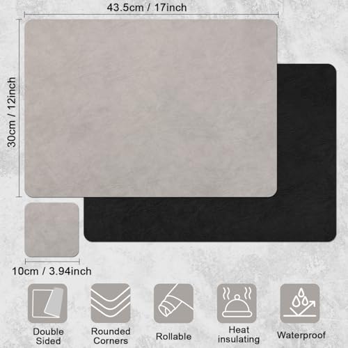 Vinyl Placemats Set of 4, Dual Sided Place Mats with Drink Coasters - color: Black/Light Gray Two-tone, size: Set of 4