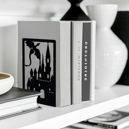 Peacoblue 4.7"x3.5"x7" Metal Bookends, Heavy Duty Book Ends for Shelves - color: Dragon Castle