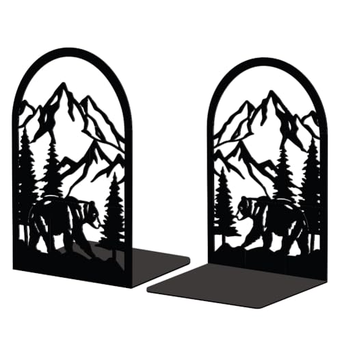 Peacoblue 5.3"x4.3"x7.9" Metal Bookends, Heavy Duty Book Ends for Shelves - style: Mountain and Forest with Bear