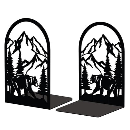 Peacoblue 5.3"x4.3"x7.9" Metal Bookends, Heavy Duty Book Ends for Shelves - style: Mountain and Forest with Bear