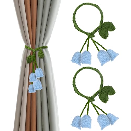 2 Pack Boho Handmade Flower Curtain Tiebacks Curtain Holdbacks - No Drill Rope Curtain Holder, Drapery Holdback Decorative Pull Backs for Nursery & Bedroom Decor (2, Blue Lily of The Valley) - color: Blue Lily of the Valley