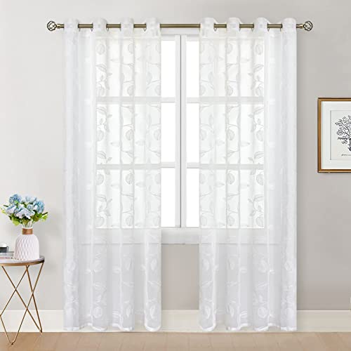 BGment White Sheer Curtains 84 Inches Long 2 Panels - color: White-leaf, size: 52"W x 84"L (Pack of 2)