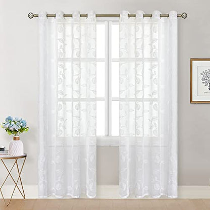 BGment White Sheer Curtains 120 Inches Long Living Room 2 Panels - color: White-leaf, size: 52"W x 120"L (Pack of 2)