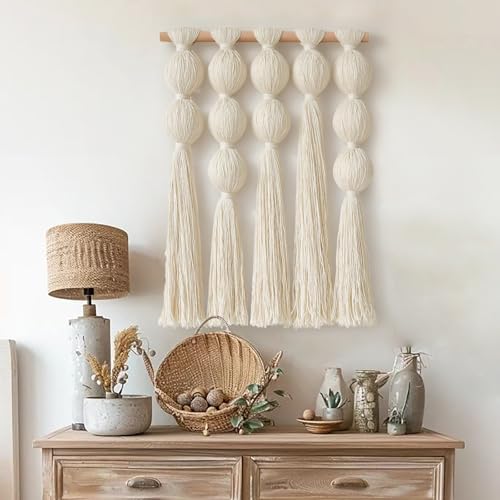 Jakalin Macrame Wall Hanging Boho Tassel White Fiber Wall Art 19.6"x15.7" - color: Ivory