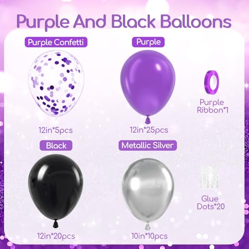 60pcs Purple and Black Balloons 12inch with Silver Confetti Balloons - color: Purple Black Silver