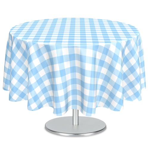 Mulbozy 2 Pcs Light Blue Gingham Round Plastic Tablecloth Disposable - color: Checkered-light Blue, size: 84" Round