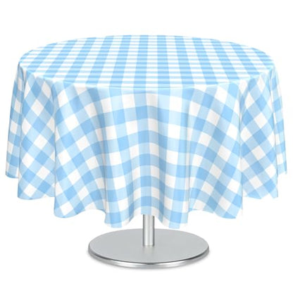 Mulbozy 2 Pcs Light Blue Gingham Round Plastic Tablecloth Disposable - color: Checkered-light Blue, size: 84" Round