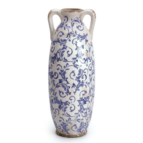 VICTOR & TERESA Blue and White Floor Vase for Pampas Grass, 14'' Tall Vase for Home Decor, Ceramic Farmhouse Decorative Large Vases for Flower, Mantel, Living Room, Shelf, Centerpieces, Gift for Her - color: Blue and White, size: Large