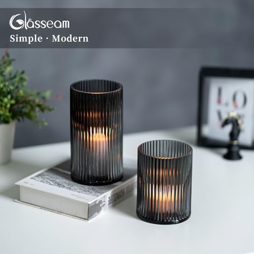 Glasseam Hurricane Glass Candle Holders: 2 Pcs Ribbed Cylinder Grey Vases