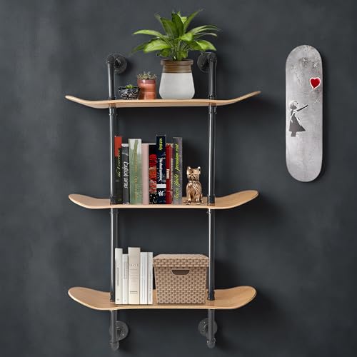 Industrial Pipe Floating Shelf, 3 Tier, Skateboard Decks, Easy Assembly - size: 3 Tier Shelf