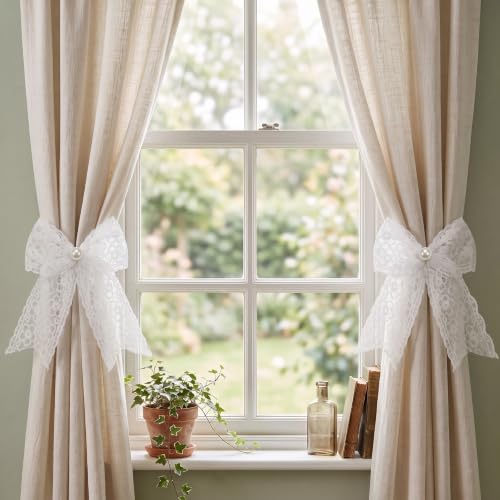 White Lace Bow Curtain Tiebacks 6-Pack, Vine Floral Curtain Holdbacks - color: White Daisy Floral