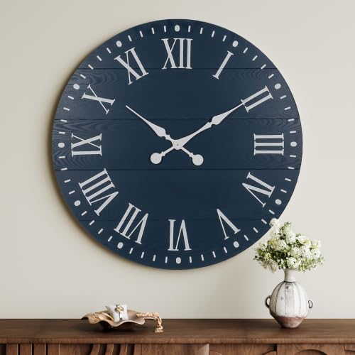 Large Wall Clock with Roman Numeral, 28” Shiplap Farmhouse Clock - color: Blue, size: 28 Inch